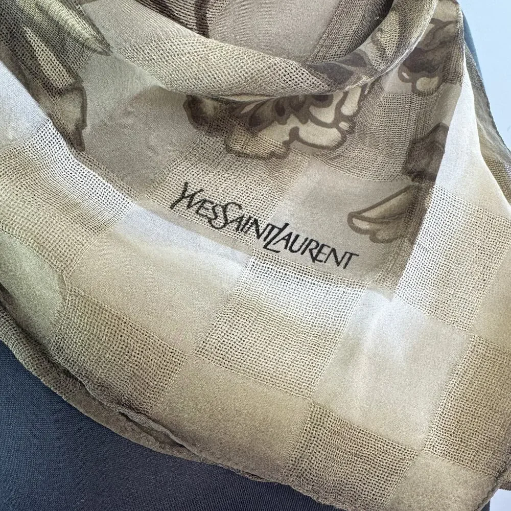 VTG Yves Saint Laurent Brown Beige Square Scarf Floral Check Neutral VINTAGE